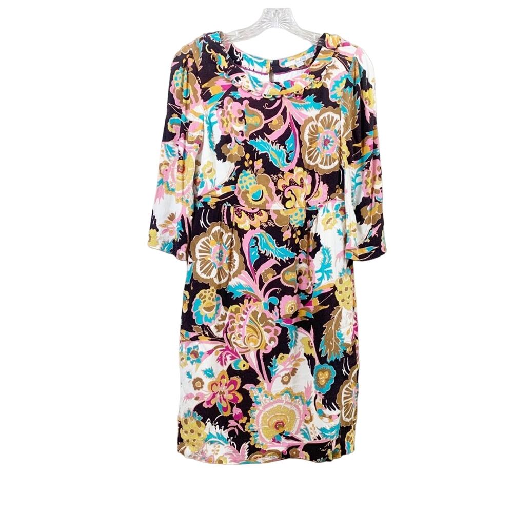 Boden Retro Floral 70s Colorful 3/4 Sleeve Mini Cream/Pink/Brown Dress